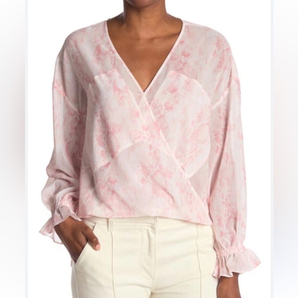 AllSaints Penny Masala Sheer Long Sleeve Surplus Blouse in Pink and White US6